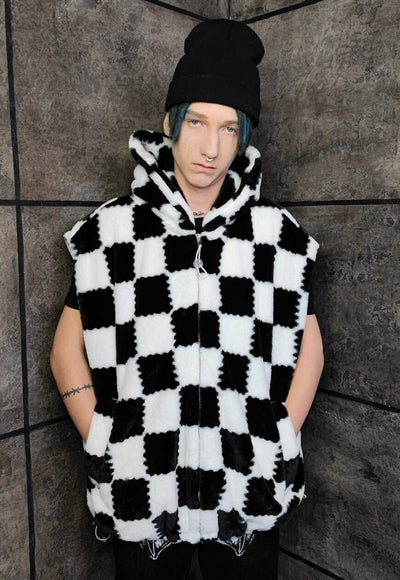 Checkerboard fleece jacket detachable check jacket in white