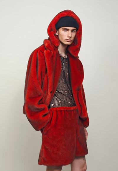 Short faux fur coat red premium detachable trench jacket