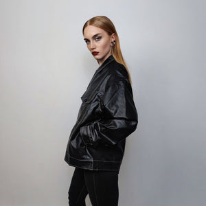 Faux leather biker jacket button up 80s PU aviator retro rubber bomber rocker coat grunge varsity going out utility jacket in black