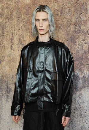 Oversize faux leather utility jacket wide biker bomber black