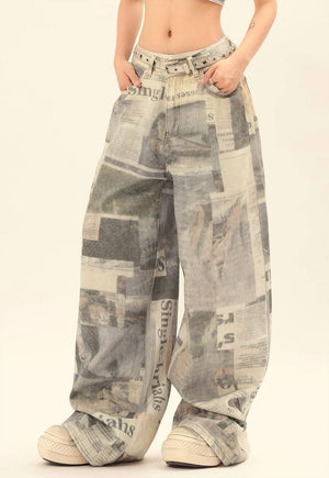 Newspaper print jeans graffiti denim pants bleached trousers