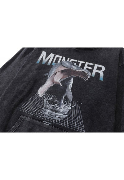 Monster print hoodie dinosaur pullover creepy top in grey