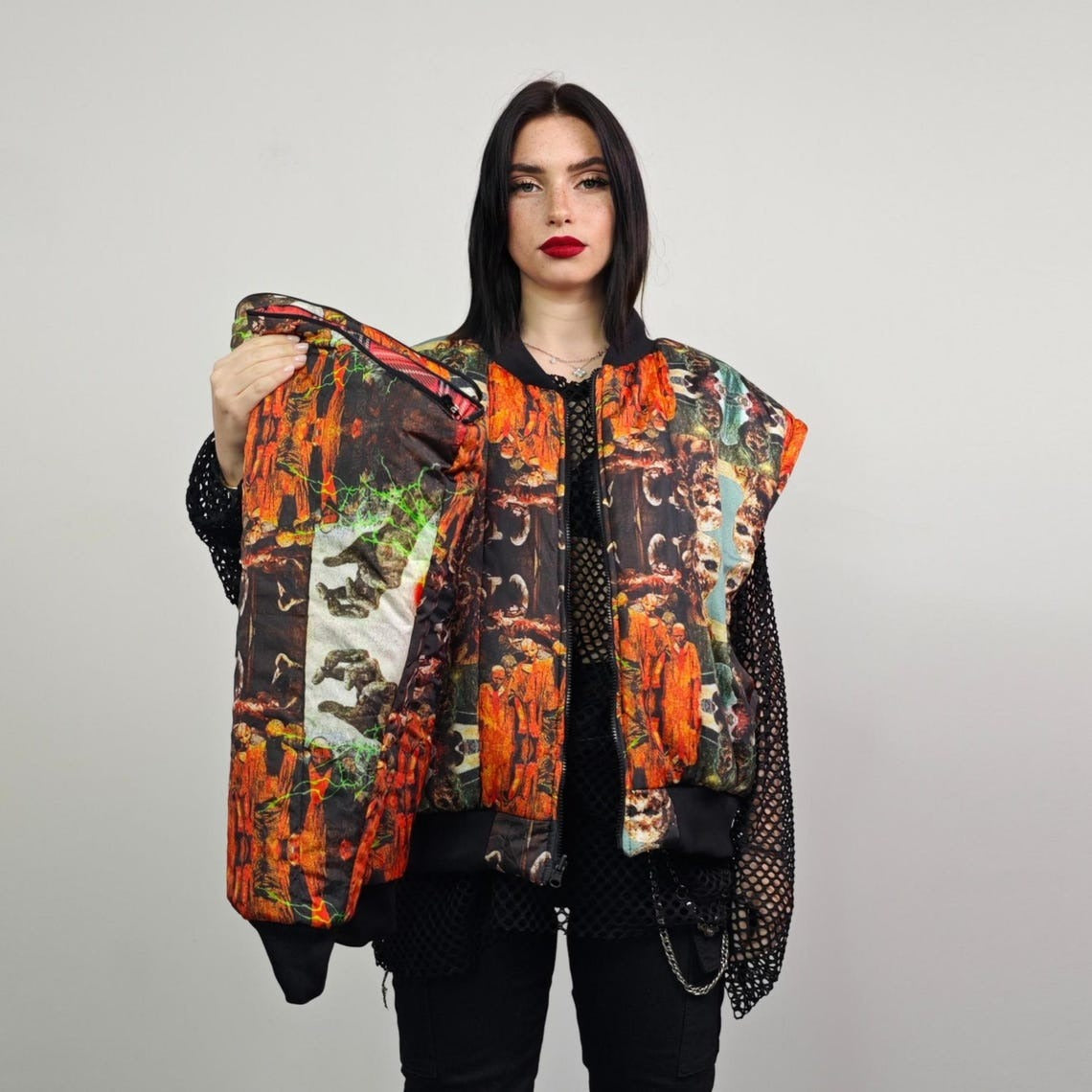 Zombie print bomber horror fan jacket creepy reversible college varsity detachable sleeves handmade tartan grunge punk coat