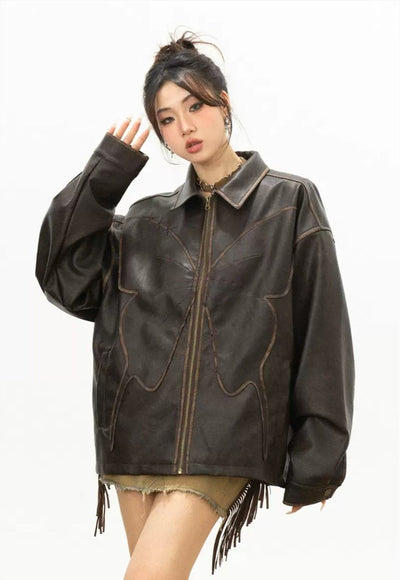 Butterfly patchwork faux leather jacket utility bomber brown