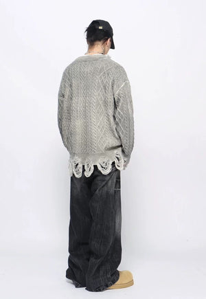 Grunge cardigan oil wash cable knitted ripped punk sweater