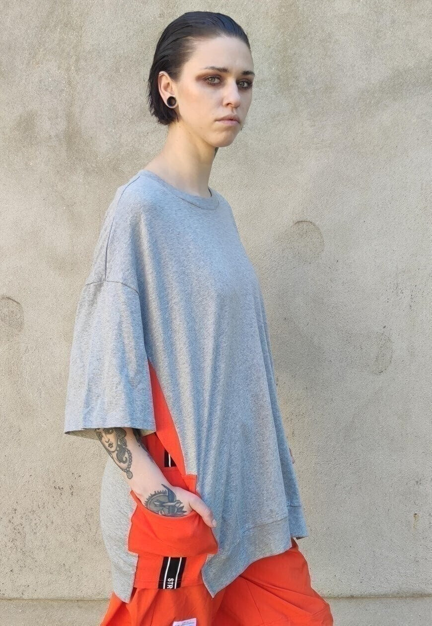 Reworked cargo pocket tee contrast panel t-shirt orange grey