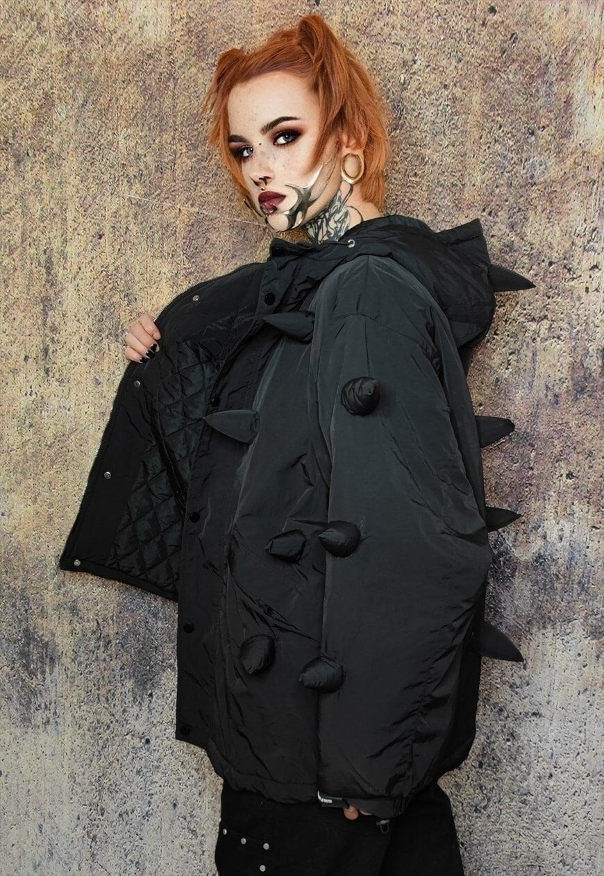 Spike bomber grunge jacket horn puffer punk coat in black
