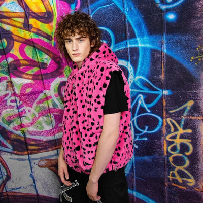 Leopard fleece jacket handmade detachable neon fluffy geometric bomber faux fur animal print coat in 2 in 1 festival jacket pink black