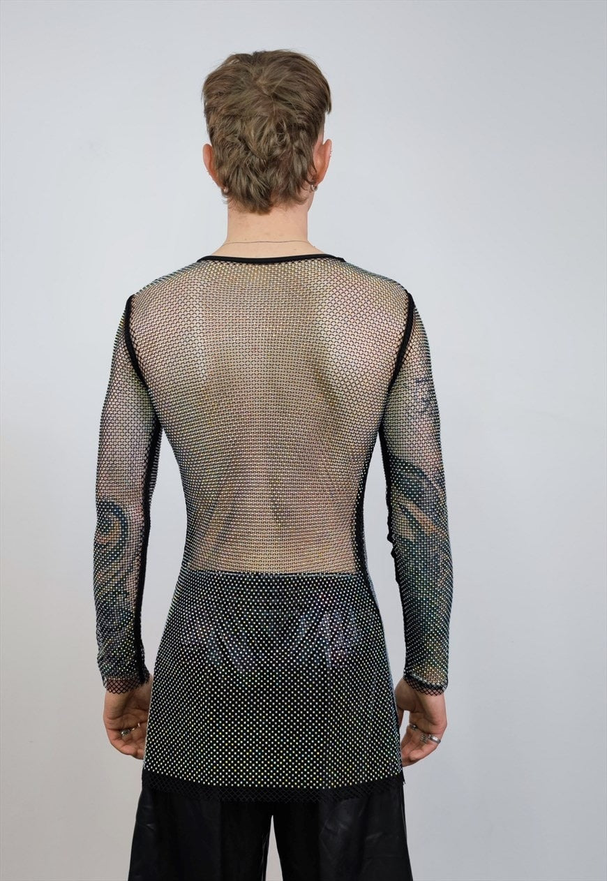 Diamante beaded mesh top transparent jumper seethrough black