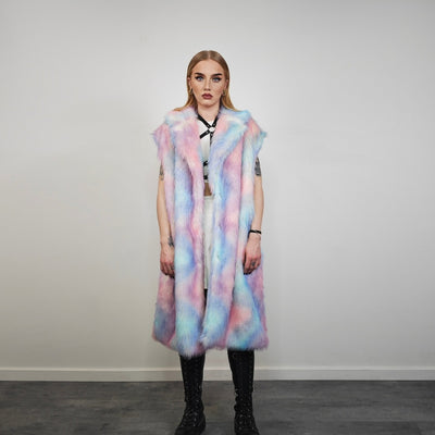 Tie-dye coat faux fur pastel pink shaggy trench abstract pattern overcoat watercolor bomber detachable festival jacket rainbow peacoat blue