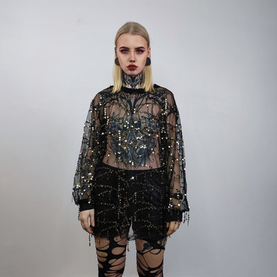 Transparent sequin top embellished mesh sweatshirt sheer blouse grunge catwalk jumper party see-through top festival glitter tee black