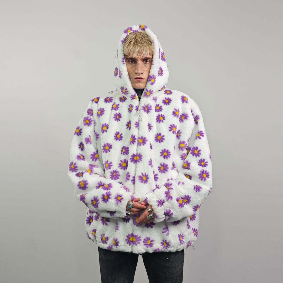 Floral fleece jacket white daisy print bomber fluffy sunflower pullover handmade rave festival overcoat grunge fuzzy hoodie