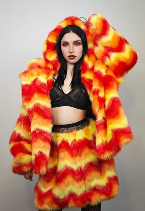 Psychedelic orange coat fauxfur geometric crop hooded bomber