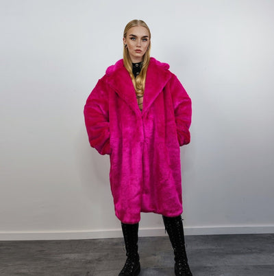 Red faux fur longline coat shaggy trench bright raver bomber fluffy winter fleece festival jacket burning man coat