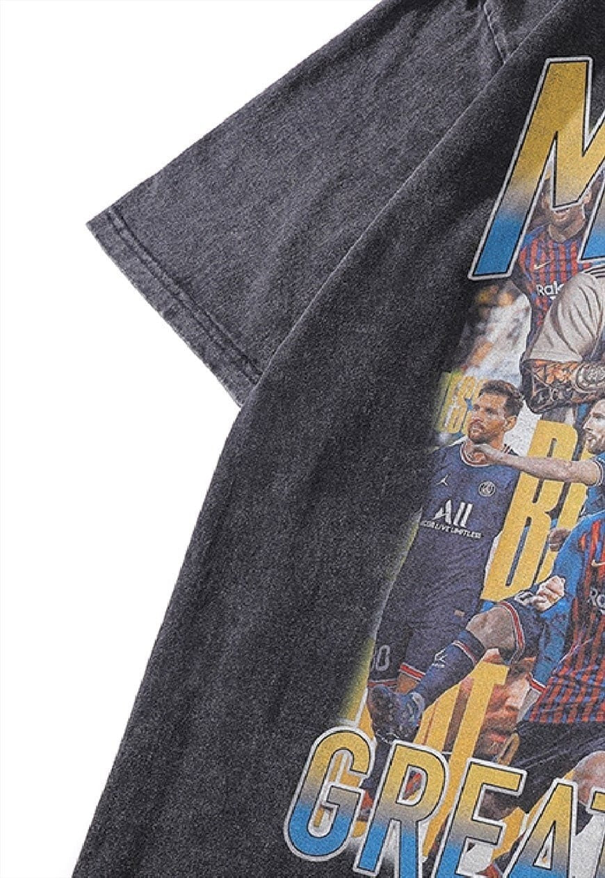 Messi print t-shirt sports tee retro football top in grey
