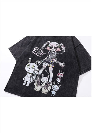 Anime girl t-shirt Japanese cartoon tee retro top acid grey