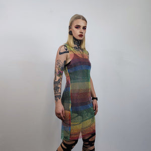 Transparent rainbow dress sleeveless Gay pride mesh gown LGBT rhinestone sundress see-through embellished frock party sheath diamante blouse