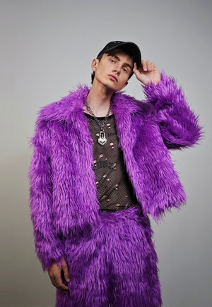 Shaggy faux fur jacket purple hairy fuzzy rave festival coat