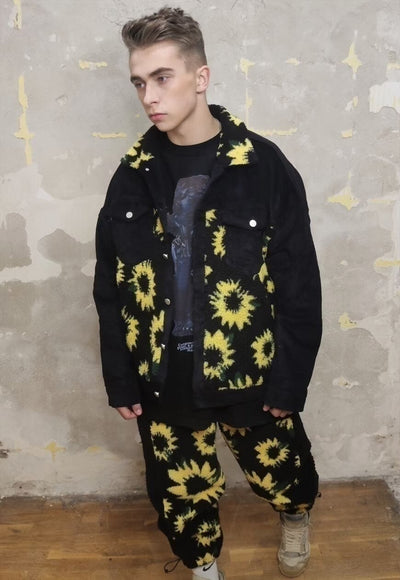 Reworked floral print jacket daisy fleece patch bomber black