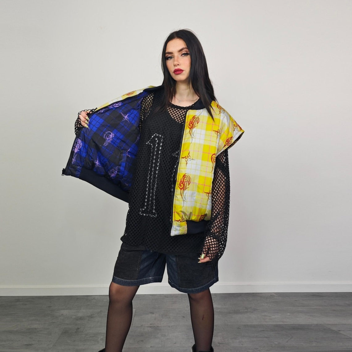 Tribal bomber yellow tattoo print jacket Aztec reversible college varsity detachable sleeves handmade checked puffer grunge plaid punk coat