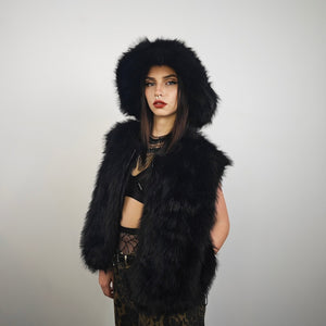 Collarless faux fur coat black cropped luxury bomber fluffy glam fleece detachable sleeves festival jacket burning man short overcoat