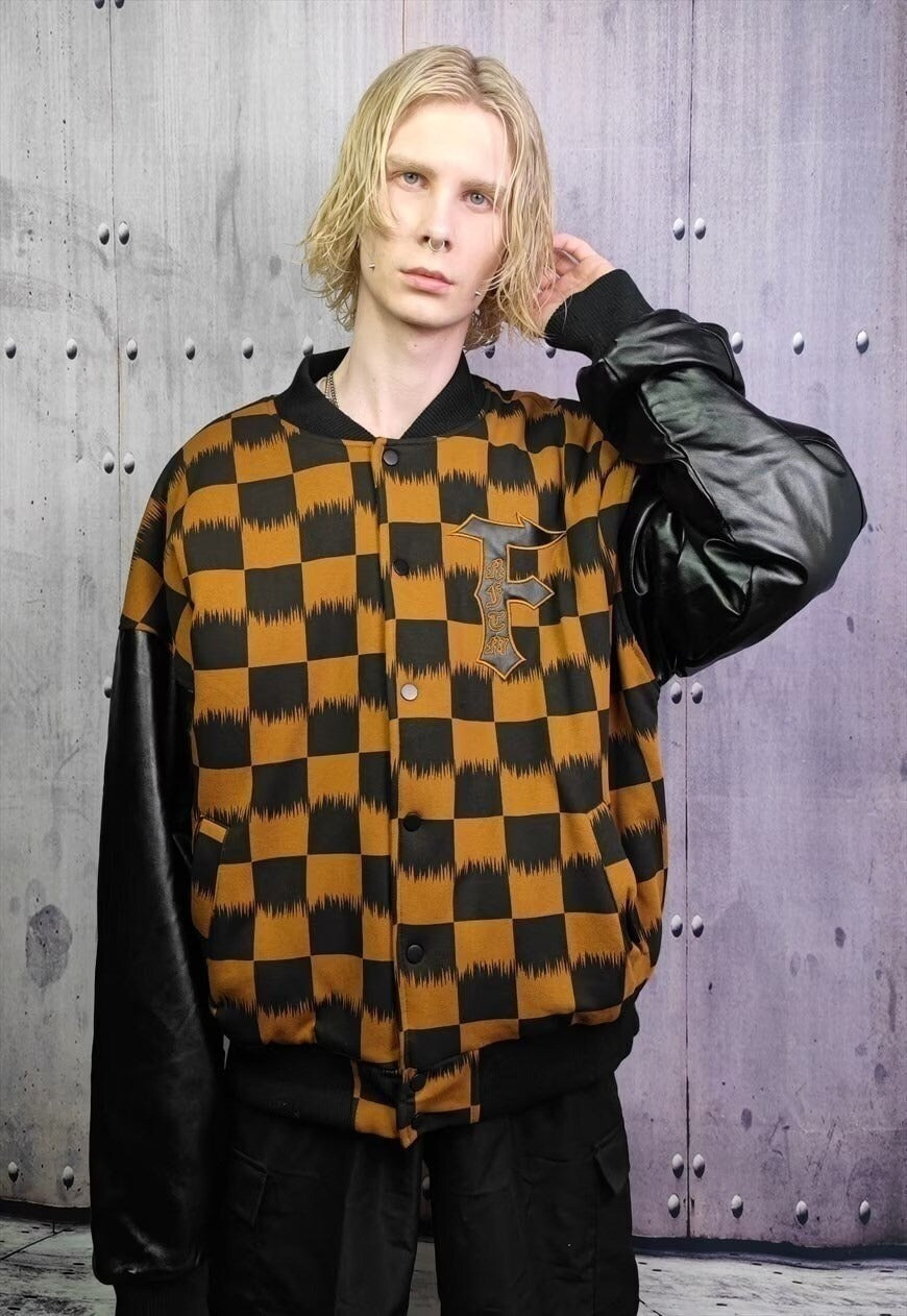 Drop shoulder varsity jacket faux leather check jacket brown