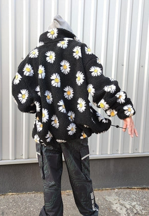 Daisy print fleece jacket handmade sunflower bomber in black