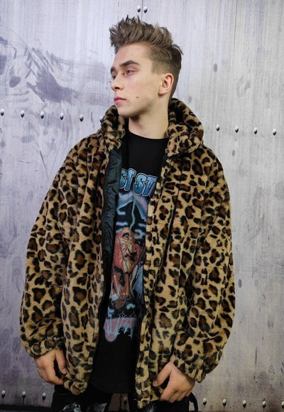 Leopard fleece jacket in brown animal print hooded bomber