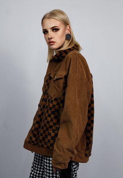 Checked velvet jacket SKA fleece patch bomber in brown