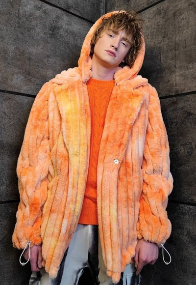 Tie-dye fleece coat handmade 2in1 hood trench jacket orange