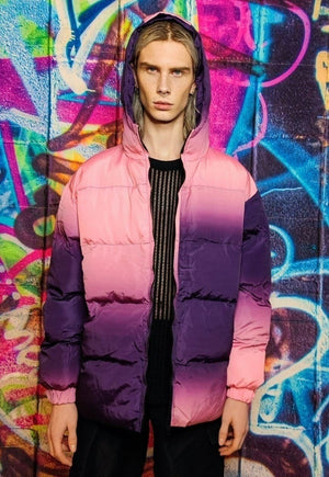 Tie-dye bomber gradient puffer jacket in faded purple pink