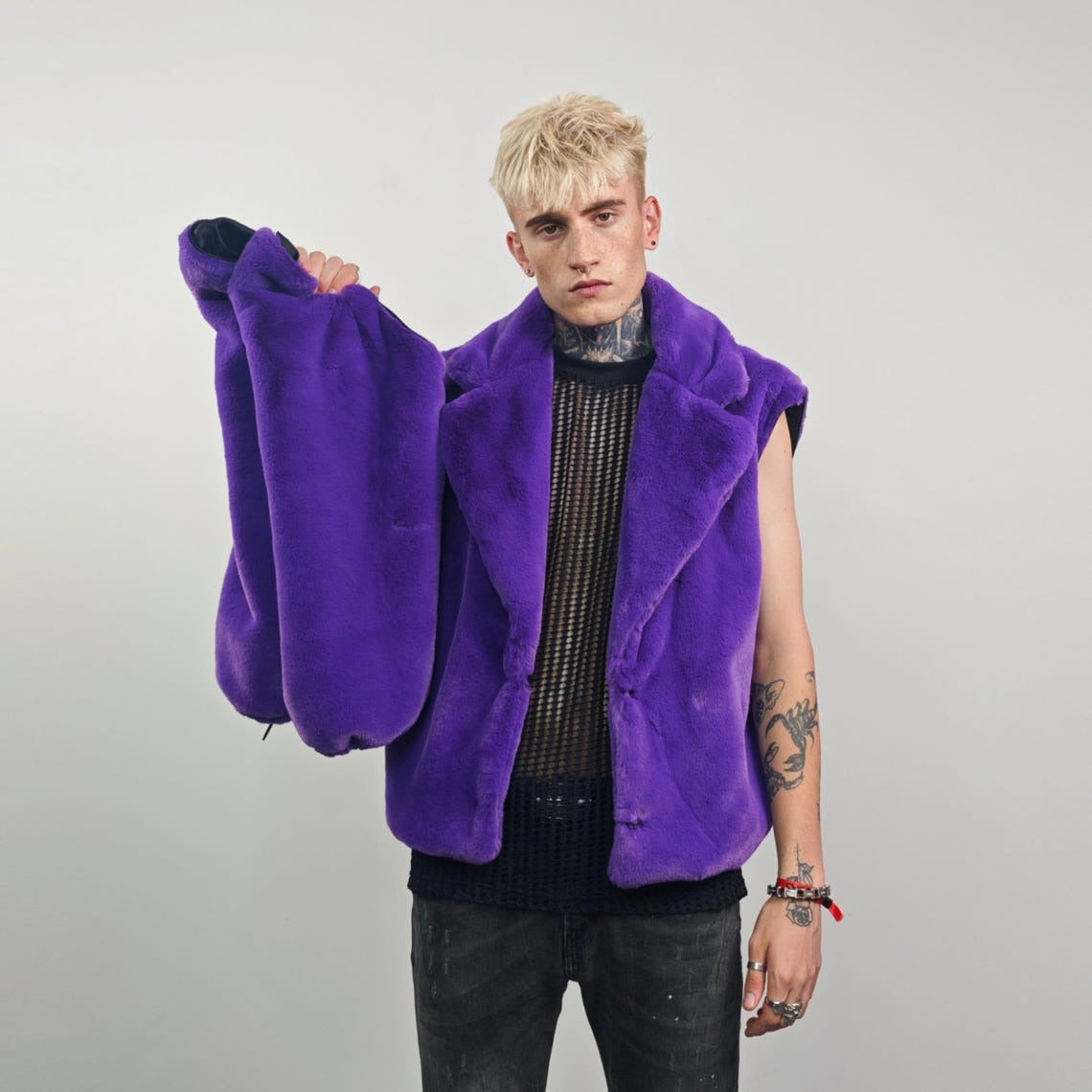 Short faux fur coat purple soft fleece trench luxury crop jacket detachable sleeves handmade pattern party overcoat fluffy festival set