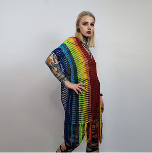 Rainbow mesh top Gay pride sweater rave poncho transparent jumper LGBT see-through blouse carnival sweatshirt crochet t-shirt in multi