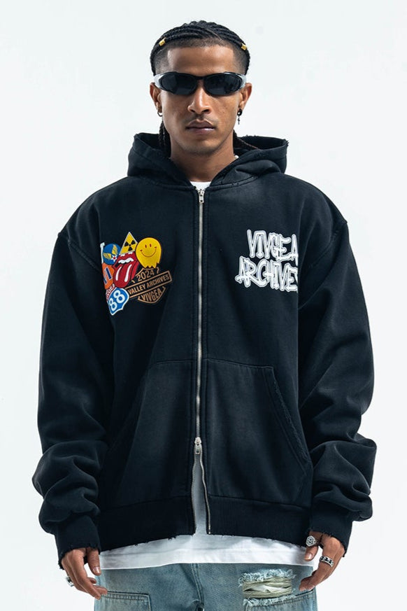 Rocker hoodie retro band pullover grunge gorpcore jumper in black