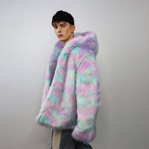 Hooded candy faux fur jacket unicorn bomber neon raver puffer fluffy tie-dye fleece psychedelic festival coat burning man party trench pink