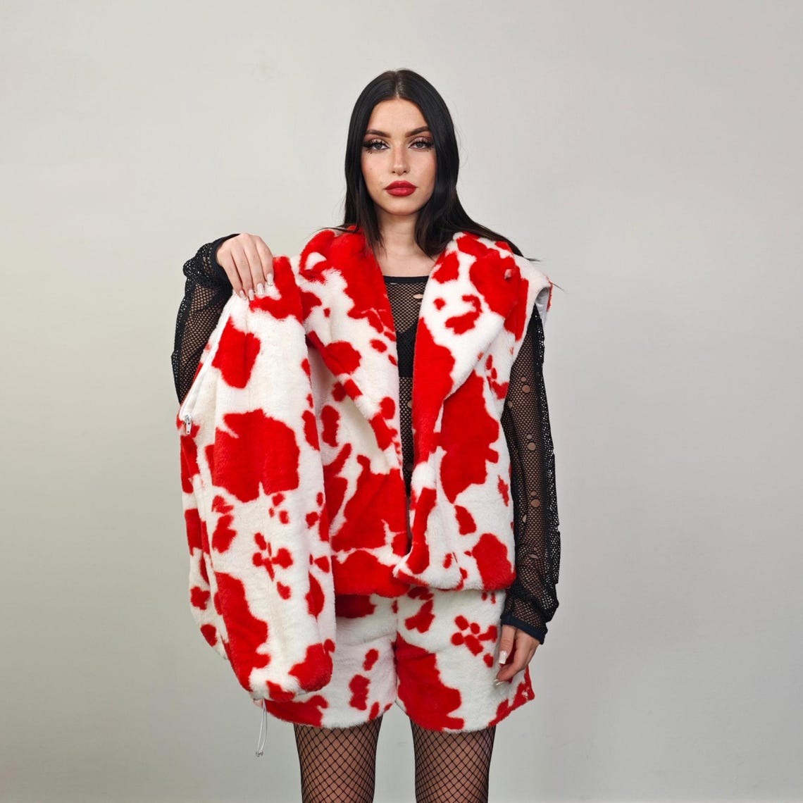Cropped cow print coat red white fleece trench animal print jacket detachable sleeves handmade spot pattern party overcoat festival set