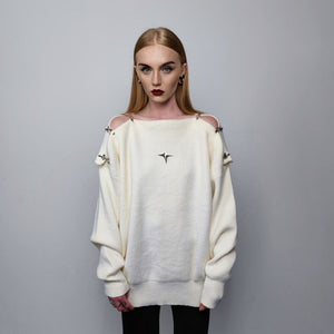 Utility sweater buckle finish jumper gorpcore top cut out shoulder top metal badge knitted pullover cyber punk sweatshirt in off white