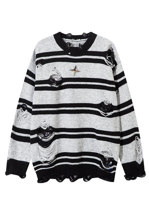 Horizontal stripe sweater ripped punk jumper Gothic top