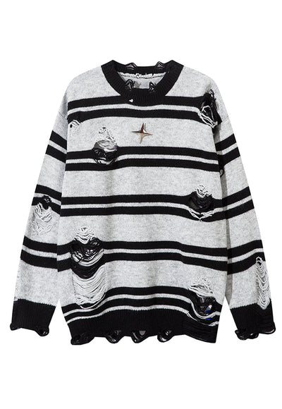 Horizontal stripe sweater ripped punk jumper Gothic top red