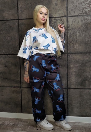 Detachable joggers handmade God print pants in blue