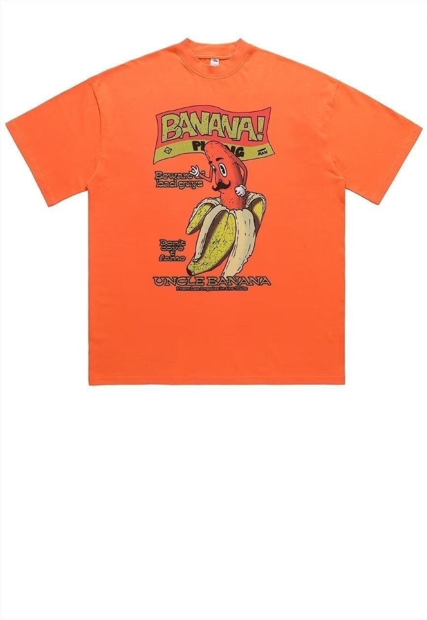 Banana print t-shirt grunge skater slogan tee in orange