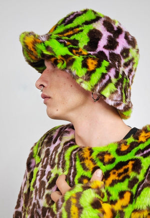 Leopard faux fur bucket green neon animal print festival cap