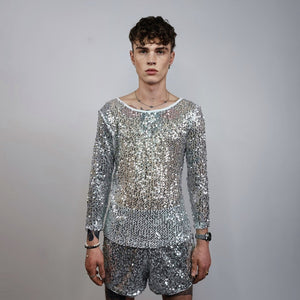 Transparent sequin top silver embellished mesh sweatshirt sheer blouse metallic catwalk jumper party see-through top festival glitter tee