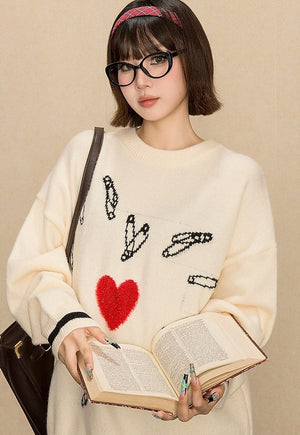 Heart sweater knitted DIY pattern jumper grunge top cream