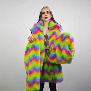 Rainbow faux fur coat crop striped trench festival zigzag jacket furry overcoat carnival bomber party peacoat psycho wide rave fleece Green