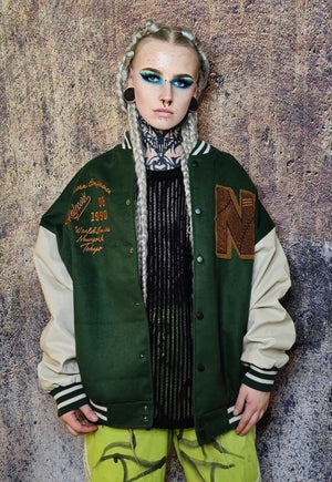 College baseball varsity jacket faux leather bomber in green