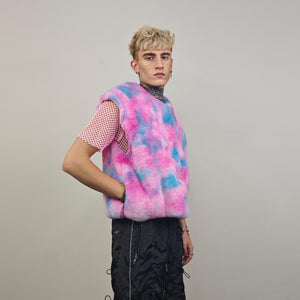 Pink tie-dye fleece coat short abstract collarless jacket gradient trench fluffy detachable sleeves handmade festival overcoat burning man