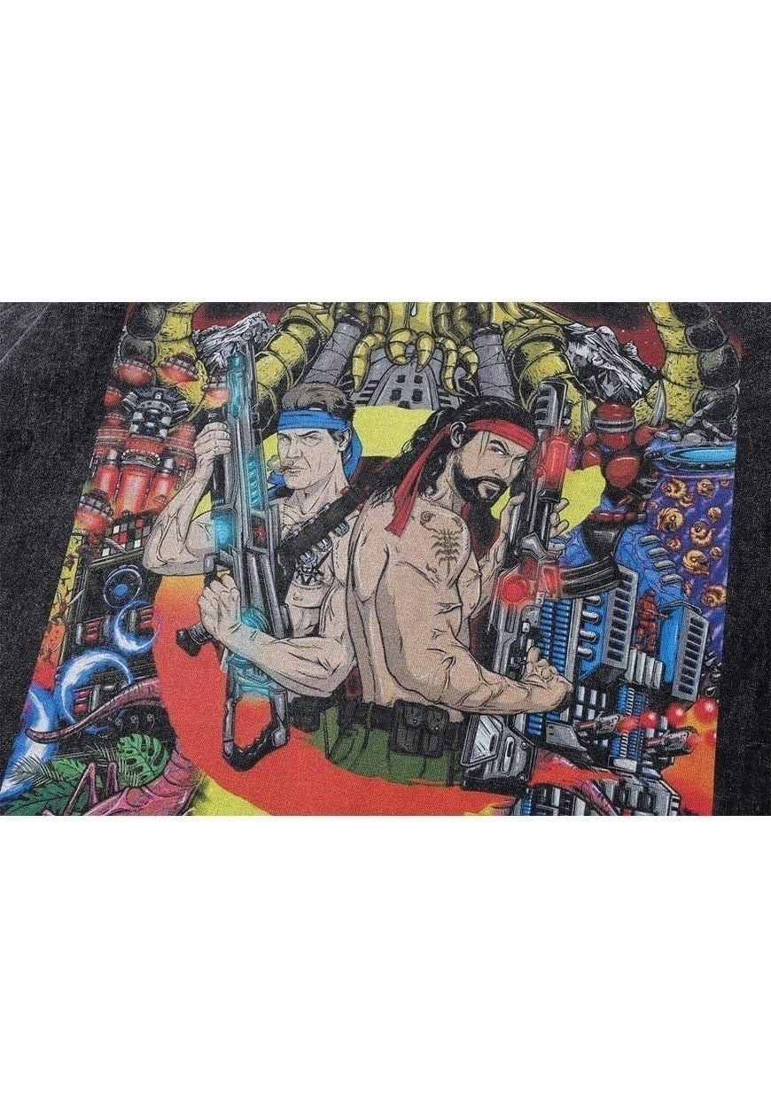 Contra print t-shirt old computer game tee retro top in grey