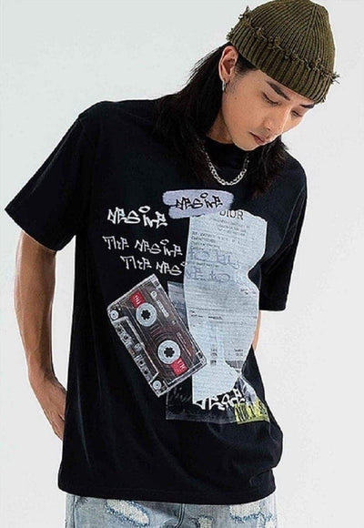 Cassette print t-shirt retro tee skater graffiti top grey