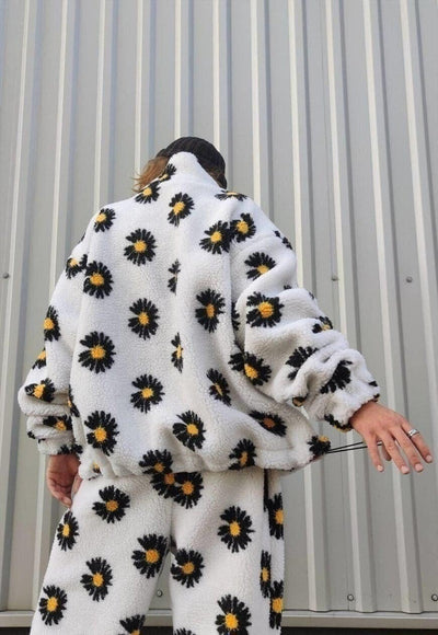 Daisy print fleece jacket handmade sunflower bomber in white